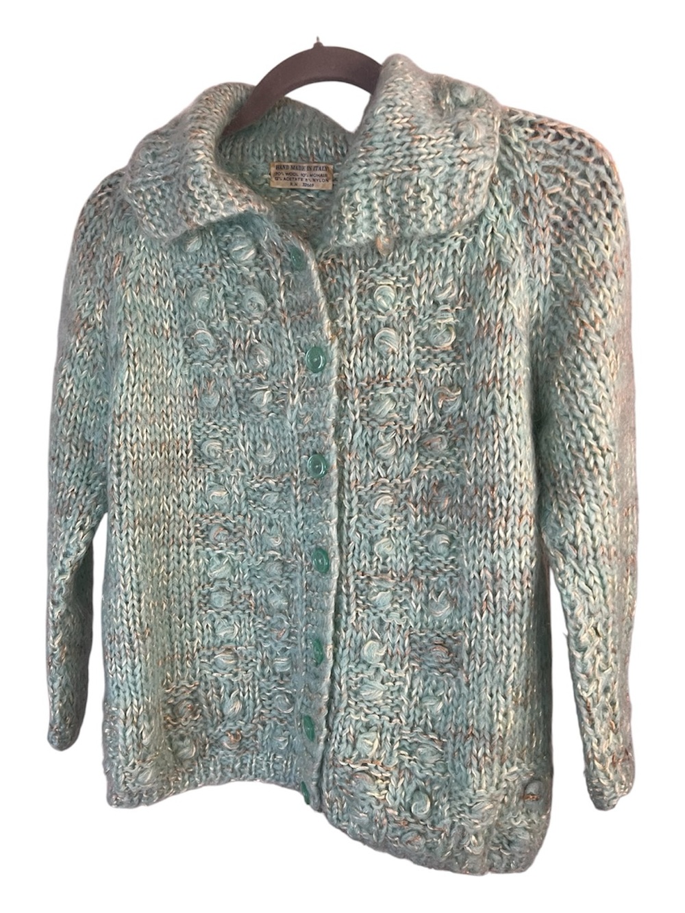 Vintage 60s Seafoam Green Fuzzy Mohair/wool Open Knit Women's Cardigan